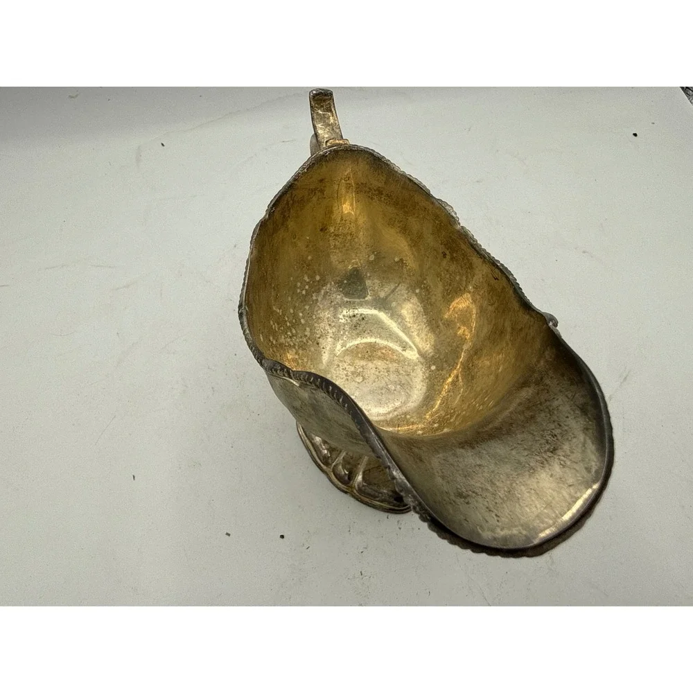Vintage Silver Plated Footed Gravy Boat Scrolled Handle Tarnished Scalloped Base